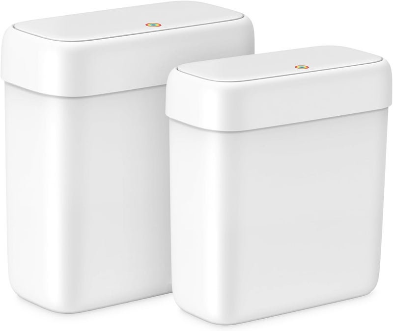 MOPALL 2 Pack Small Bathroom Trash Can with Lid, 3.2 Gallon / 11.5 L & 2.6 Gallon / 10 L Waste Basket with Pop-Up Lid, Slim Plastic Garbage Bin Dog Proof for Kitchen, Bedroom, Office, Toilet, White - Image 1